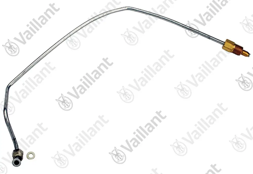 Vaillant Zündgasrohr aus Metall mit einer gebogenen Länge und zwei Anschlussgewinden an den Enden. Ein ringförmiges Dichtungselement ist enthalten.